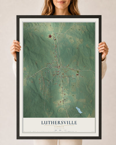 Luthersville, Georgia map print, 24" x 36" W/ Black Ayous Wood Frame mockup