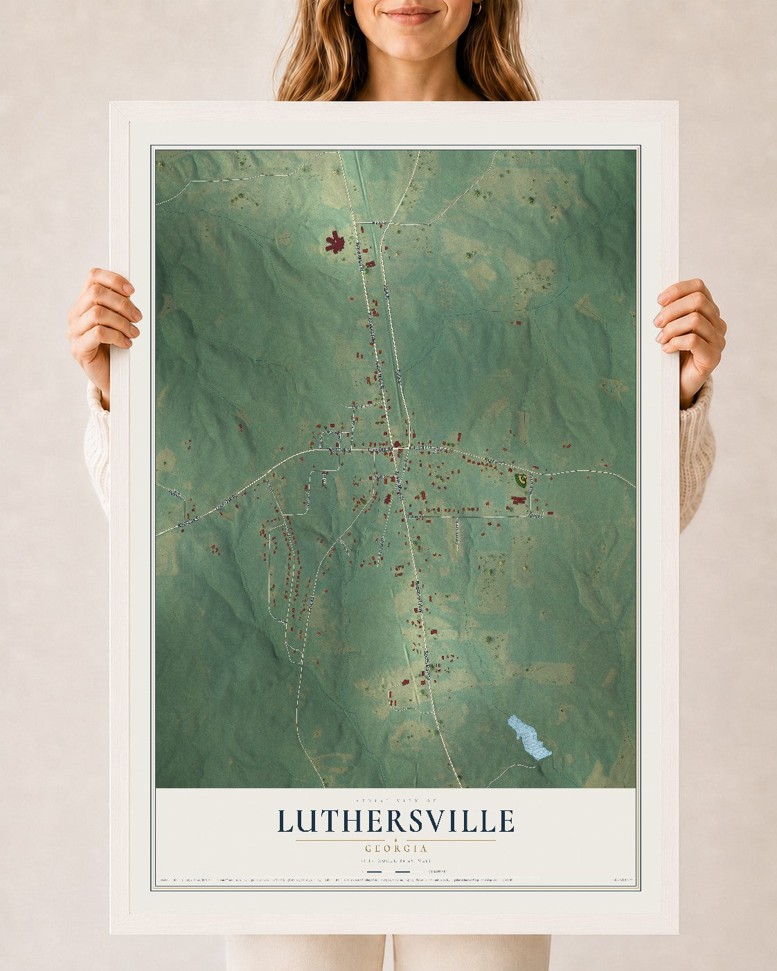 Luthersville, Georgia map print, 24" x 36" W/ White Ayous Wood Frame mockup