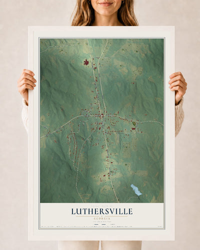 Luthersville, Georgia map print, 24" x 36" W/ White Ayous Wood Frame mockup