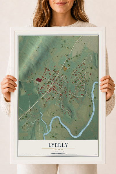 Lyerly, Georgia map print, 18" x 24" W/ White Ayous Wood Frame mockup
