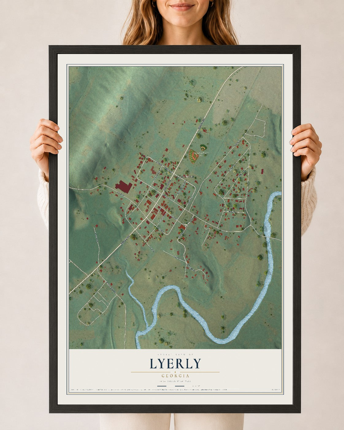 Lyerly, Georgia map print, 24" x 36" W/ Black Ayous Wood Frame mockup