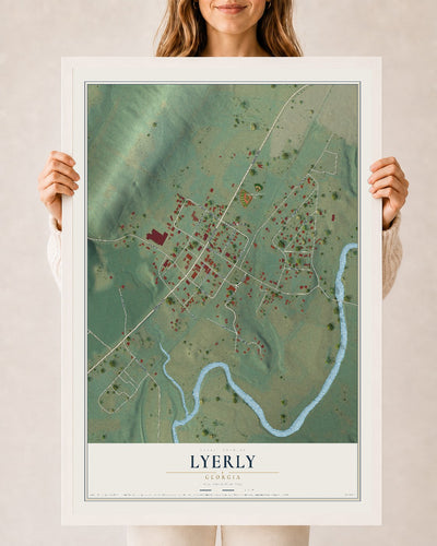 Lyerly, Georgia map print, 24" x 36" W/ White Ayous Wood Frame mockup