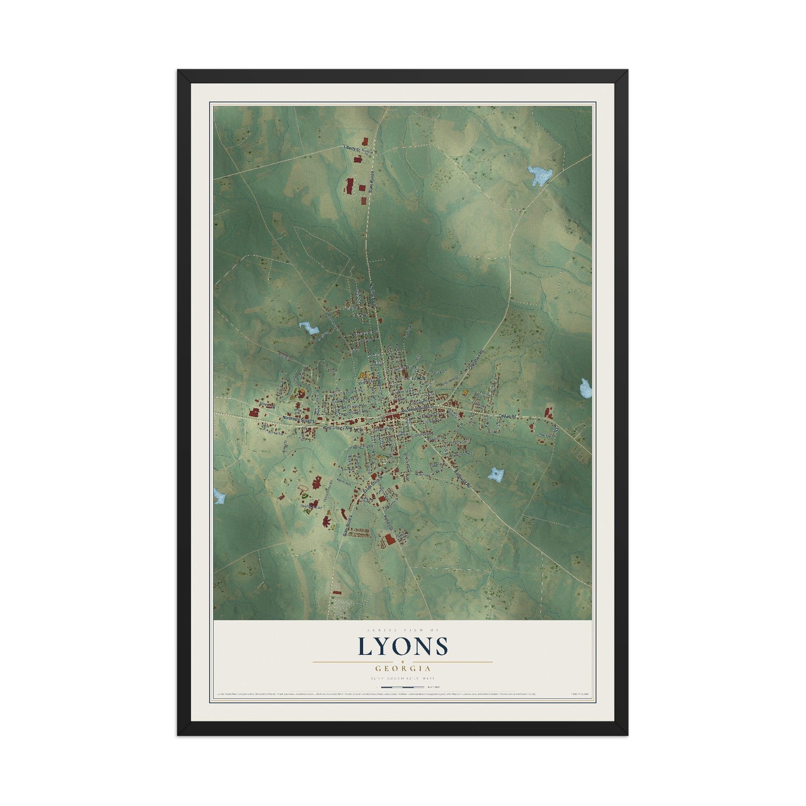 Lyons, Georgia map print, 12" x 18" W/ Black Ayous Wood Frame mockup