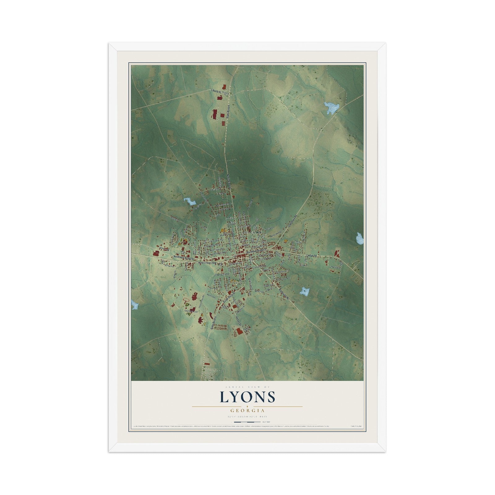 Lyons, Georgia map print, 12" x 18" W/ White Ayous Wood Frame mockup
