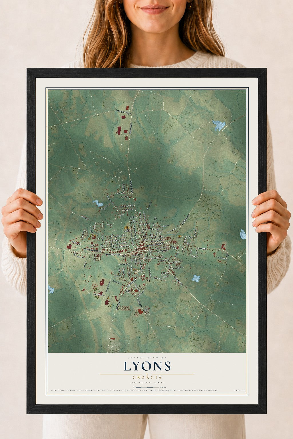 Lyons, Georgia map print, 18" x 24" W/ Black Ayous Wood Frame mockup