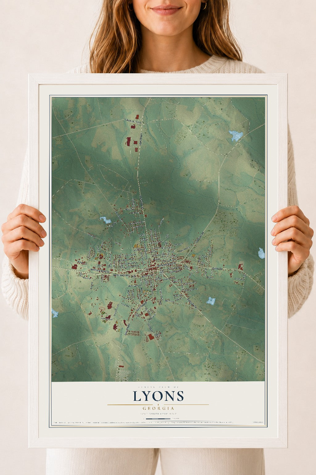 Lyons, Georgia map print, 18" x 24" W/ White Ayous Wood Frame mockup