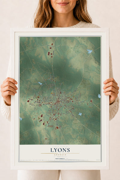 Lyons, Georgia map print, 18" x 24" W/ White Ayous Wood Frame mockup