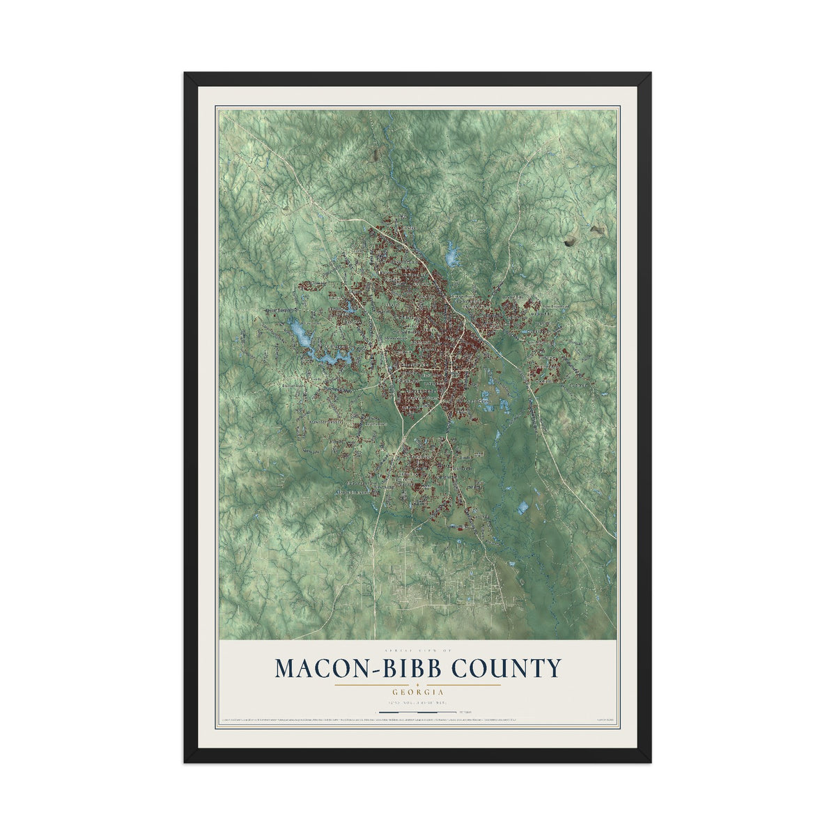 Macon-Bibb County, Georgia map print, 12" x 18" W/ Black Ayous Wood Frame mockup