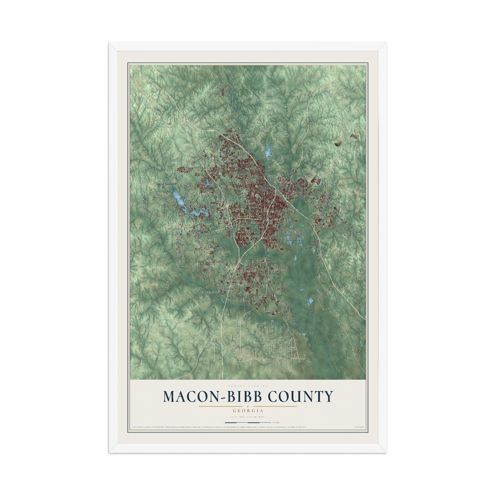 Macon-Bibb County, Georgia map print, 12" x 18" W/ White Ayous Wood Frame mockup