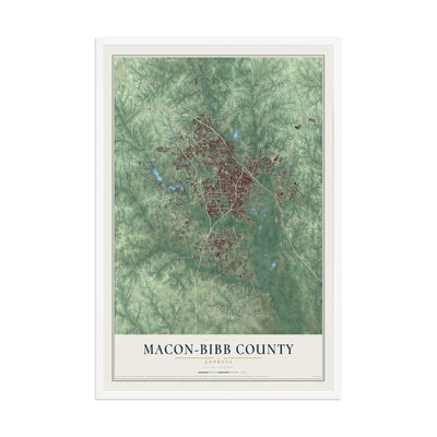 Macon-Bibb County, Georgia map print, 12" x 18" W/ White Ayous Wood Frame mockup
