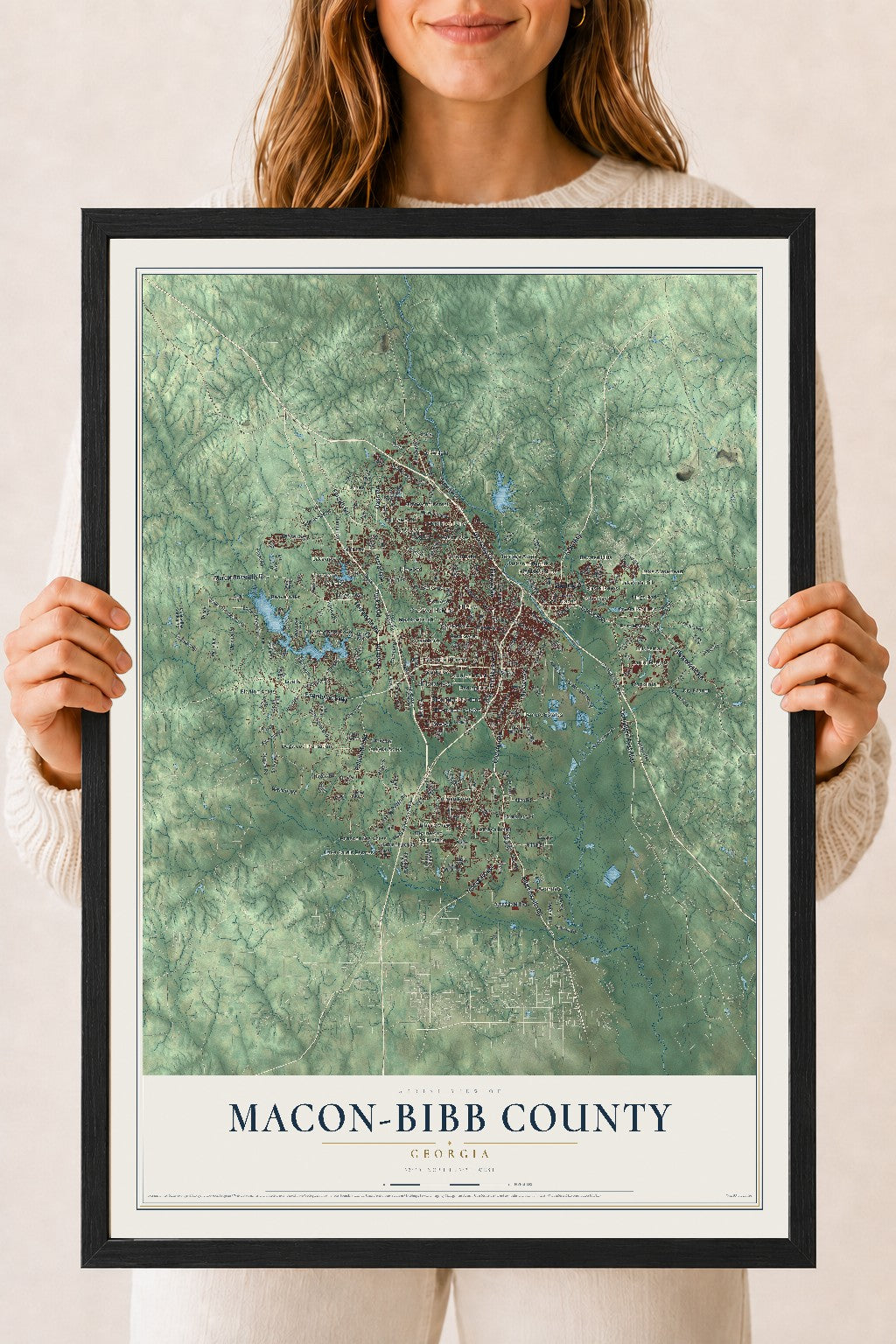 Macon-Bibb County, Georgia map print, 18" x 24" W/ Black Ayous Wood Frame mockup