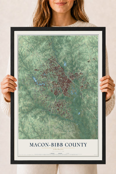 Macon-Bibb County, Georgia map print, 18" x 24" W/ Black Ayous Wood Frame mockup