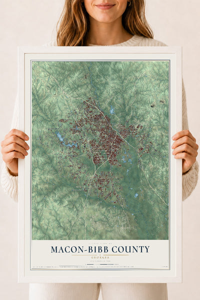 Macon-Bibb County, Georgia map print, 18" x 24" W/ White Ayous Wood Frame mockup