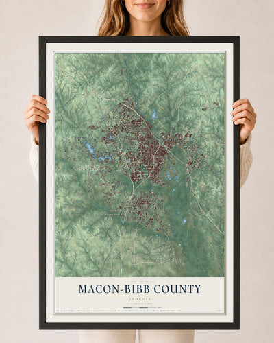 Macon-Bibb County, Georgia map print, 24" x 36" W/ Black Ayous Wood Frame mockup