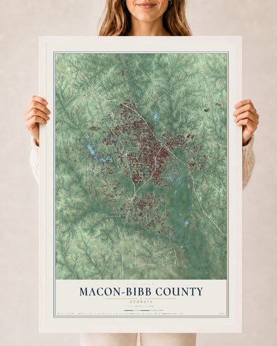 Macon-Bibb County, Georgia map print, 24" x 36" W/ White Ayous Wood Frame mockup