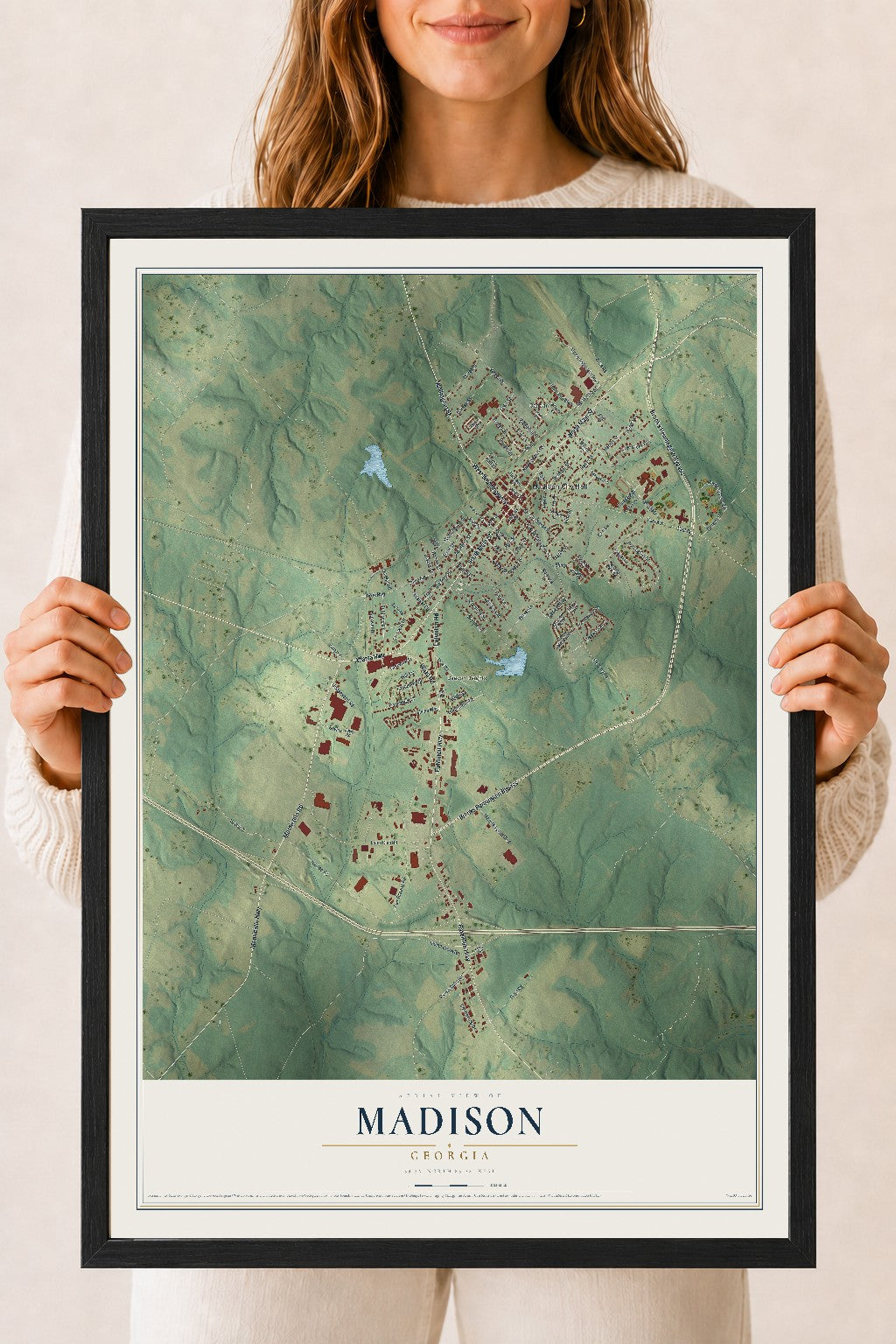 Madison, Georgia map print, 18" x 24" W/ Black Ayous Wood Frame mockup
