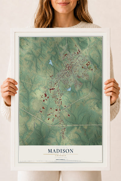 Madison, Georgia map print, 18" x 24" W/ White Ayous Wood Frame mockup