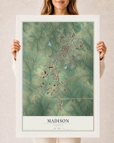 Madison, Georgia map print, 24" x 36" W/ White Ayous Wood Frame mockup