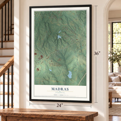 Madras, Georgia map, 24 x 36 inch print in a black frame by a staircase