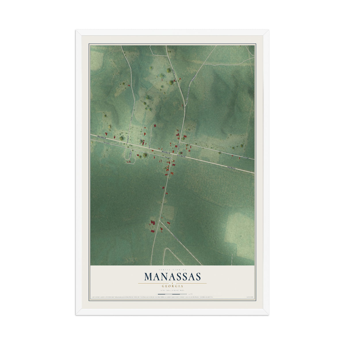 Manassas, Georgia map print, 12" x 18" W/ White Ayous Wood Frame mockup
