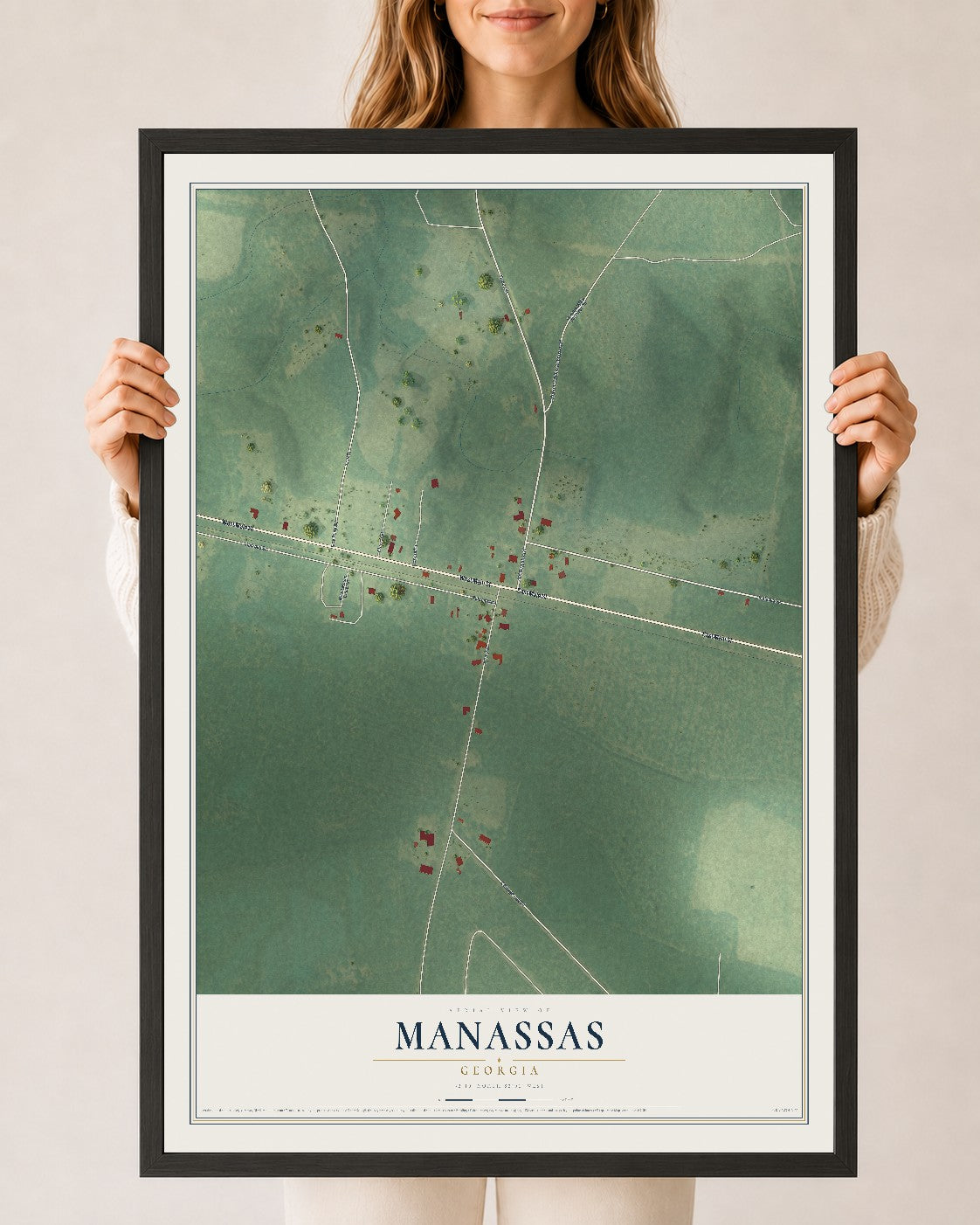 Manassas, Georgia map print, 24" x 36" W/ Black Ayous Wood Frame mockup
