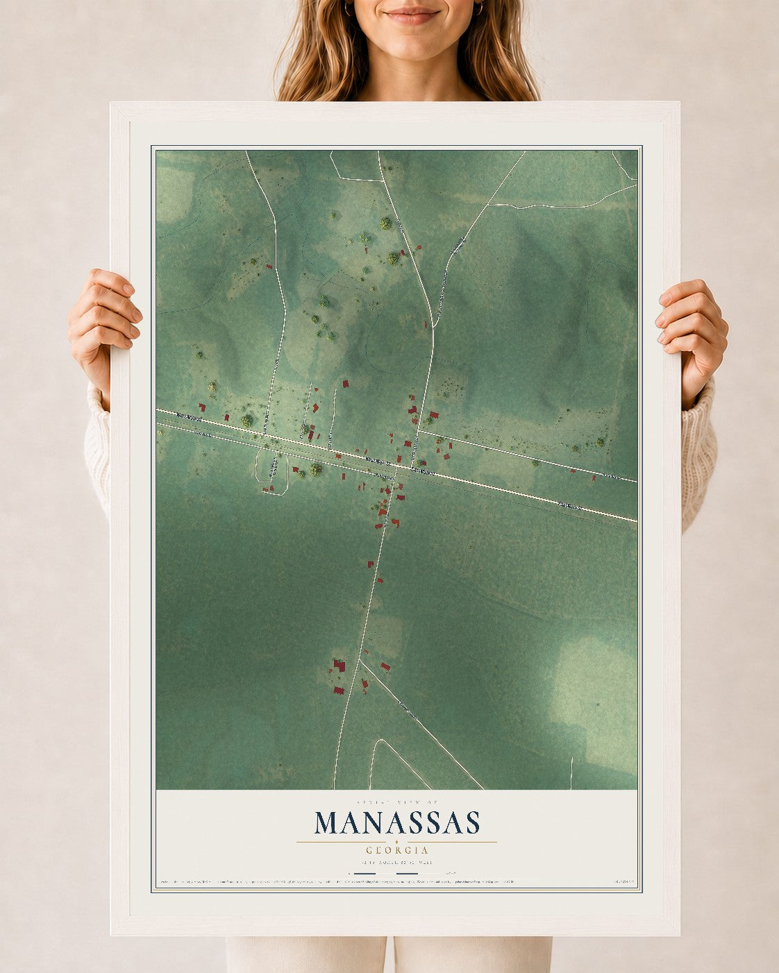 Manassas, Georgia map print, 24" x 36" W/ White Ayous Wood Frame mockup
