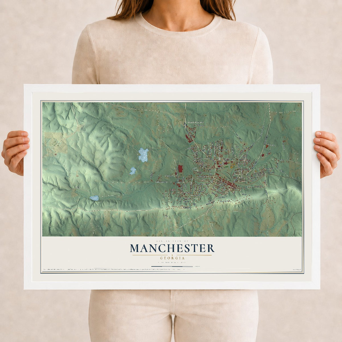 Manchester, Georgia map print, 12" x 18" W/ White Ayous Wood Frame mockup