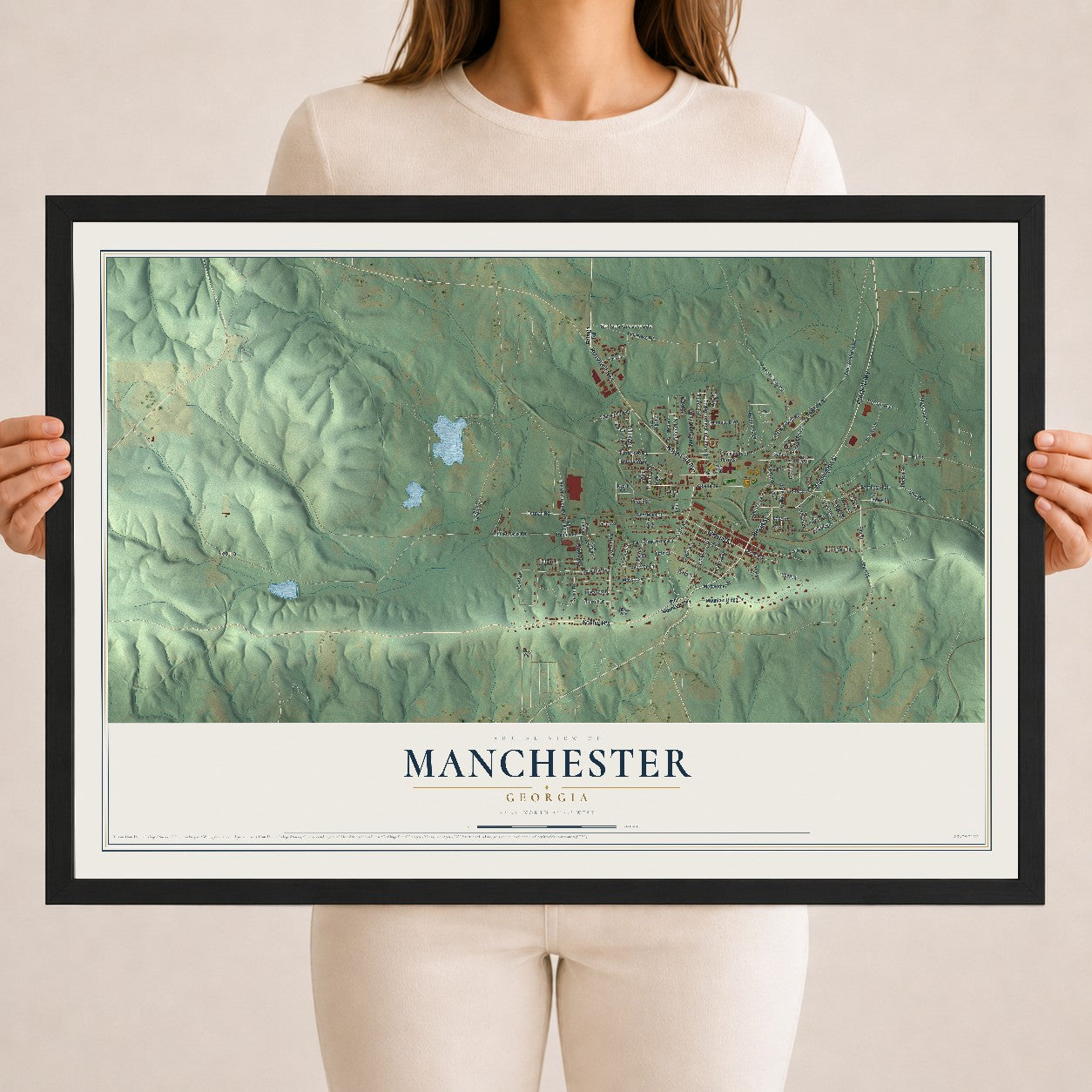 Manchester, Georgia map print, 18" x 24" W/ Black Ayous Wood Frame mockup
