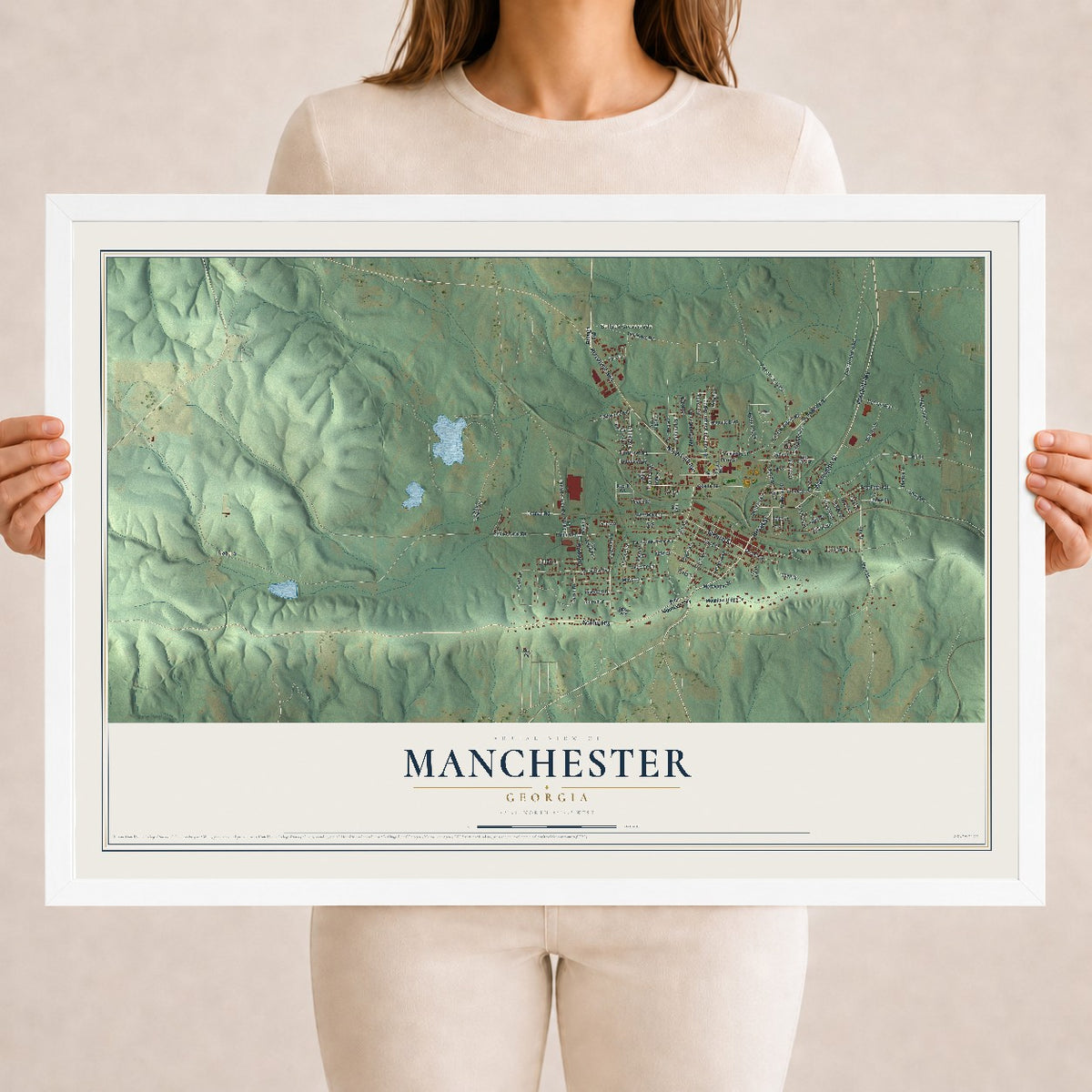 Manchester, Georgia map print, 18" x 24" W/ White Ayous Wood Frame mockup