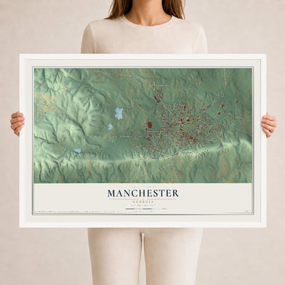 Manchester, Georgia map print, 24" x 36" W/ White Ayous Wood Frame mockup