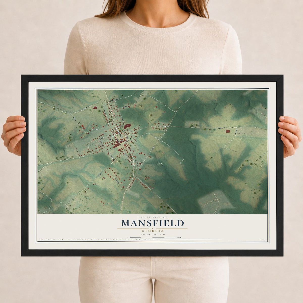 Mansfield, Georgia map print, 12" x 18" W/ Black Ayous Wood Frame mockup