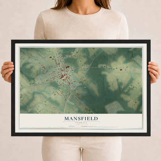 Map of Mansfield, Georgia, 12 x 18 inch print in a black wood frame
