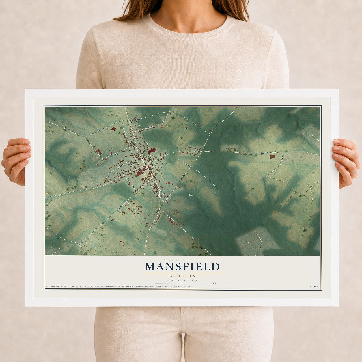 Mansfield, Georgia map print, 12" x 18" W/ White Ayous Wood Frame mockup
