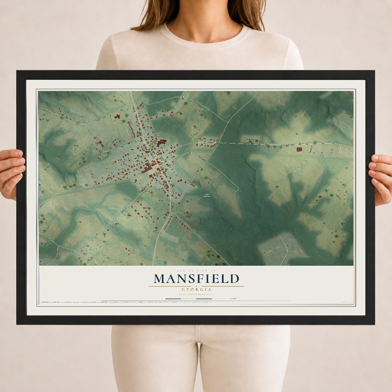 Mansfield, Georgia map print, 18" x 24" W/ Black Ayous Wood Frame mockup