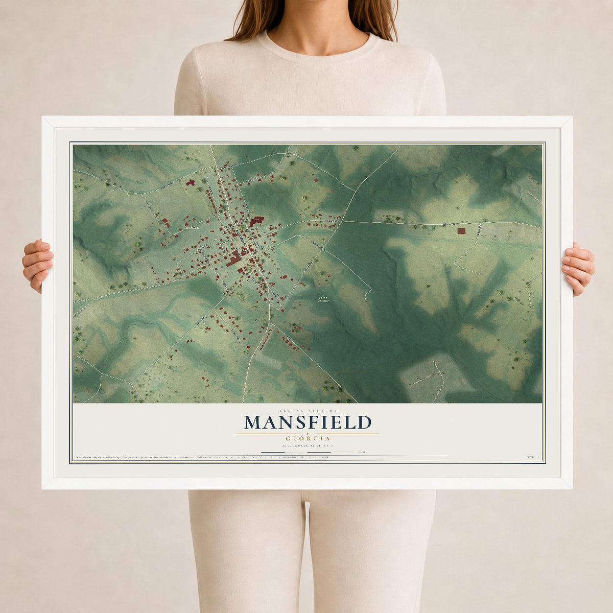 Mansfield, Georgia map print, 24" x 36" W/ White Ayous Wood Frame mockup