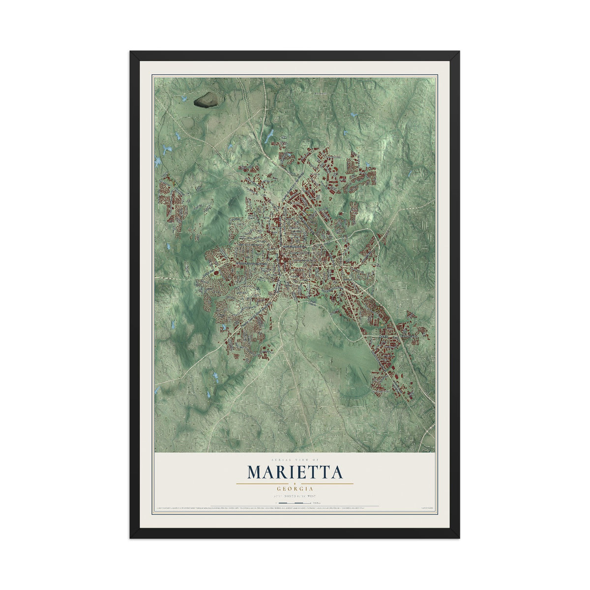 Marietta, Georgia map print, 12" x 18" W/ Black Ayous Wood Frame mockup