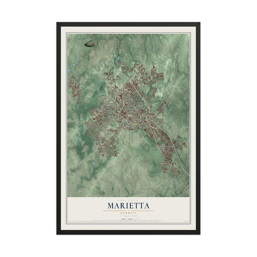 Map of Marietta, Georgia, 12 x 18 inch print in a black wood frame
