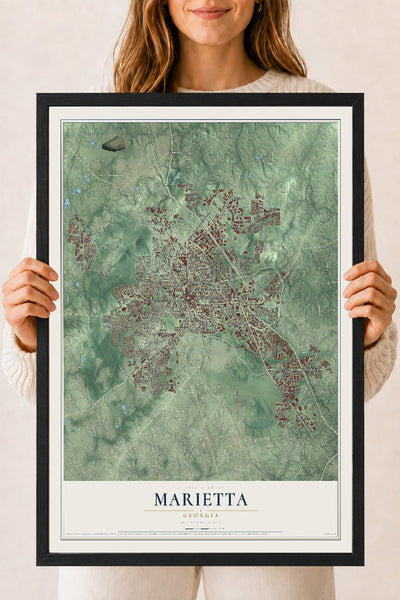Marietta, Georgia map print, 18" x 24" W/ Black Ayous Wood Frame mockup