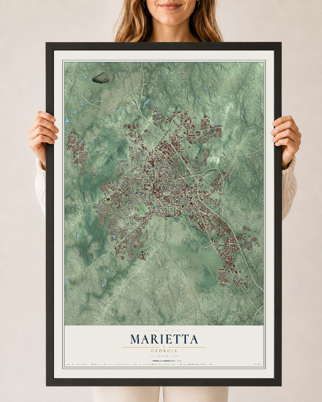 Marietta, Georgia map print, 24" x 36" W/ Black Ayous Wood Frame mockup