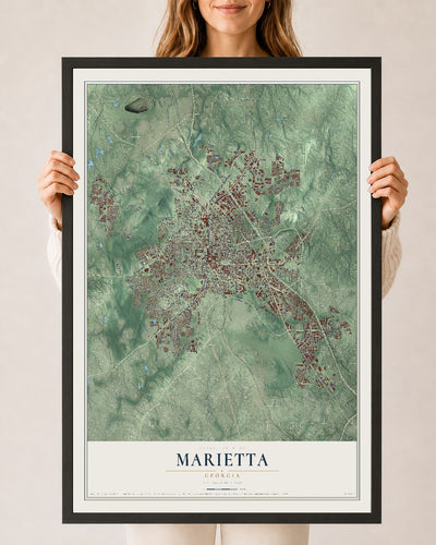 Marietta, Georgia map print, 24" x 36" W/ Black Ayous Wood Frame mockup