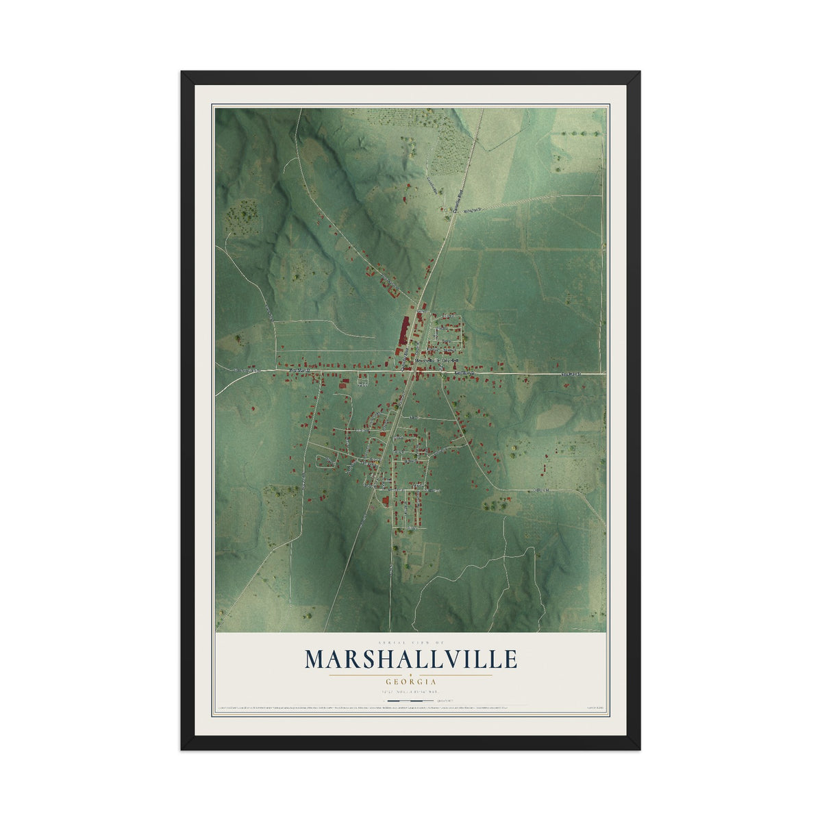 Marshallville, Georgia map print, 12" x 18" W/ Black Ayous Wood Frame mockup
