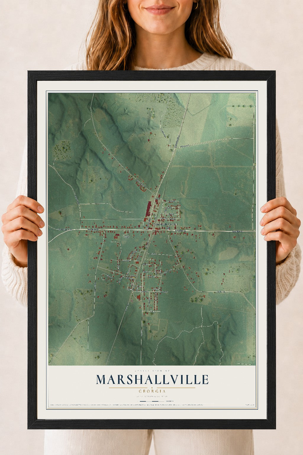 Marshallville, Georgia map print, 18" x 24" W/ Black Ayous Wood Frame mockup