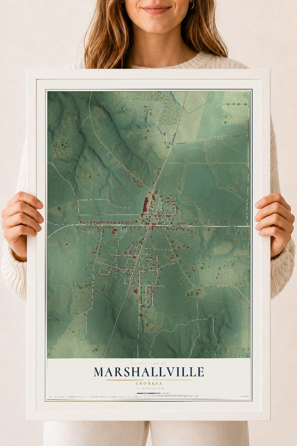 Marshallville, Georgia map print, 18" x 24" W/ White Ayous Wood Frame mockup