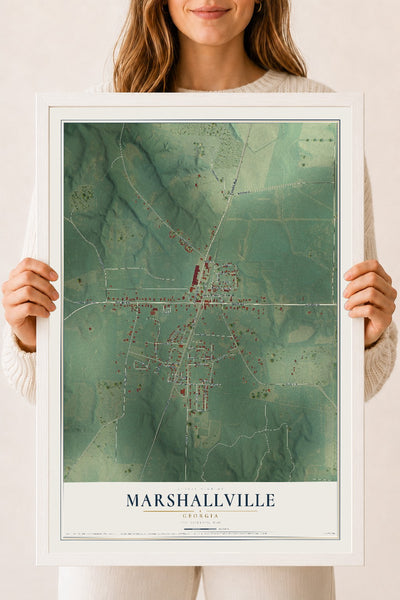 Marshallville, Georgia map print, 18" x 24" W/ White Ayous Wood Frame mockup