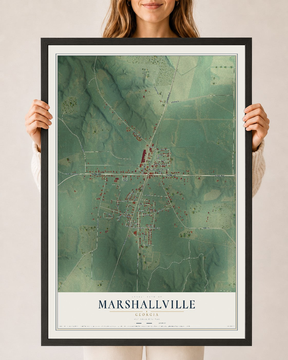 Marshallville, Georgia map print, 24" x 36" W/ Black Ayous Wood Frame mockup