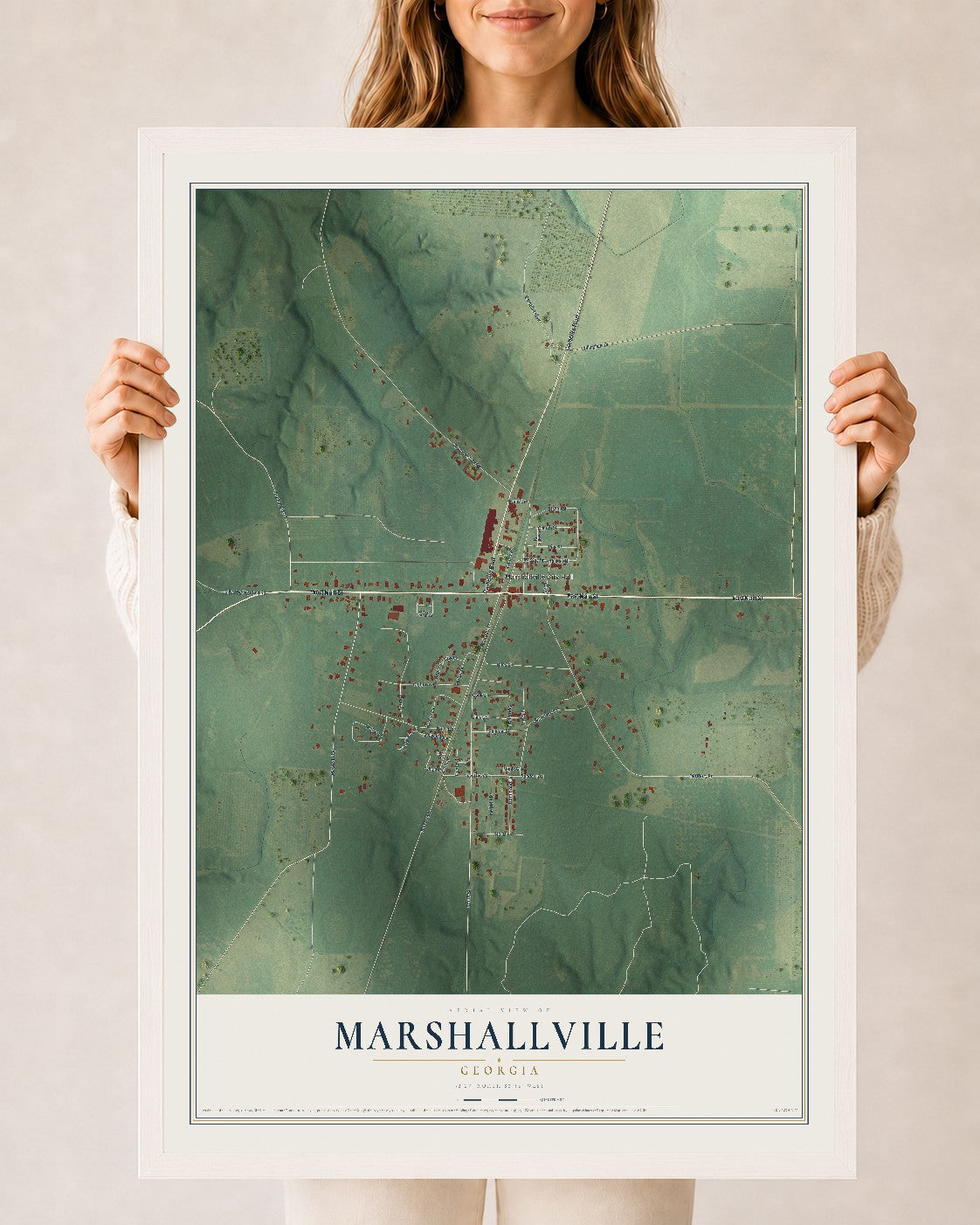 Marshallville, Georgia map print, 24" x 36" W/ White Ayous Wood Frame mockup