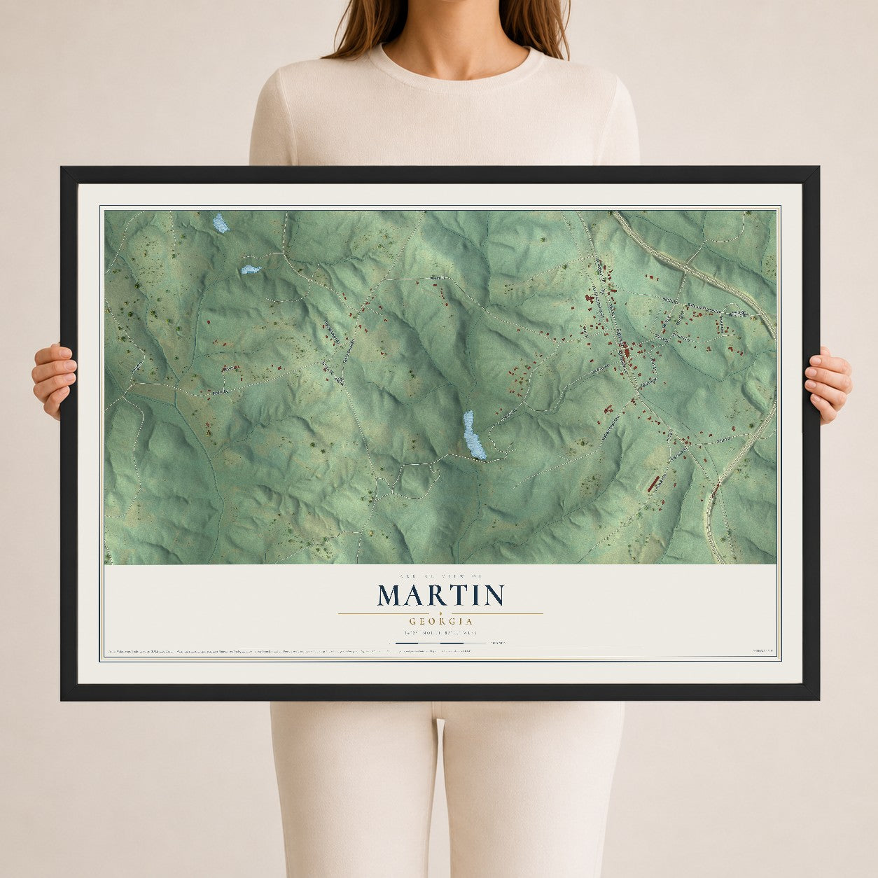Martin, Georgia map print, 24" x 36" W/ Black Ayous Wood Frame mockup