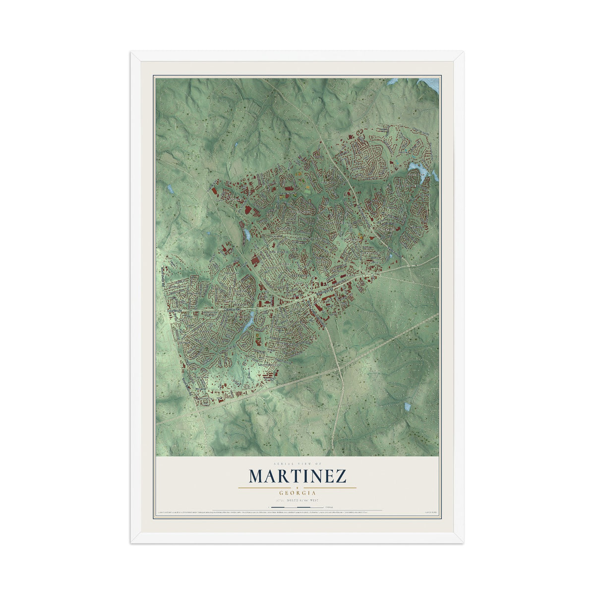 Martinez, Georgia map print, 12" x 18" W/ White Ayous Wood Frame mockup