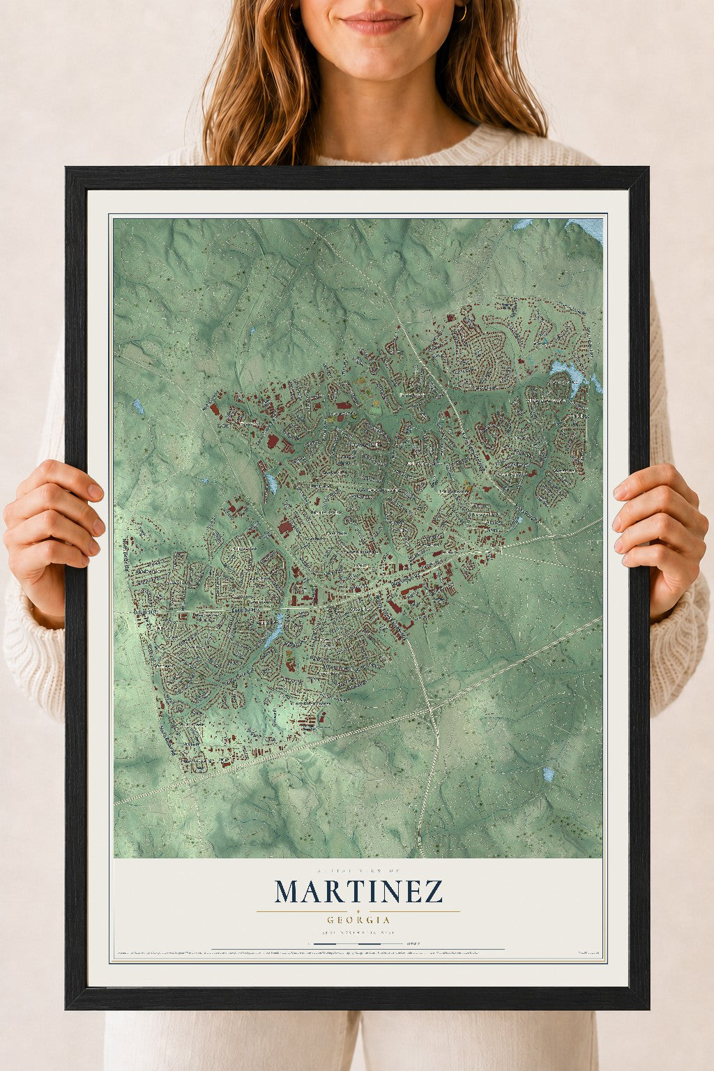 Martinez, Georgia map print, 18" x 24" W/ Black Ayous Wood Frame mockup