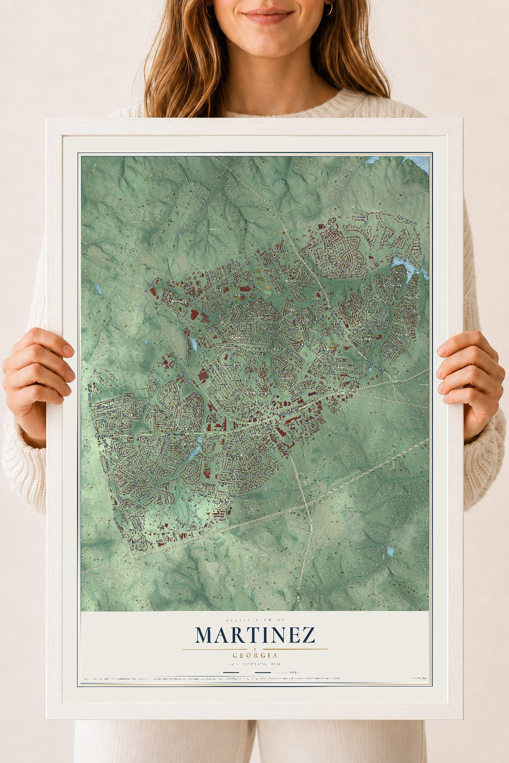 Martinez, Georgia map print, 18" x 24" W/ White Ayous Wood Frame mockup